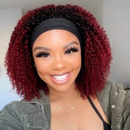 Kinky Curly Headband Wig Human Hair 250% Density, full machine made 1B Burgundy Ombre Curly Human Hair Wig for Women