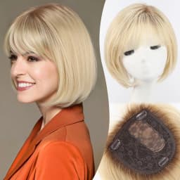 10inch Ombre Brown Blonde Human Hair Toppers 6.5*6.5inch Large Base Bob Hair Wig Toppers 4 Clips with Bangs Side Part for Women