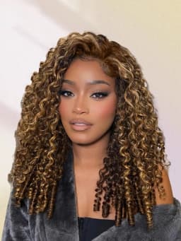 30 Inch Highlight Burmese Curly Half Wig Human Hair Wear and Go Wigs P4/27 Omber Brown to Honey Blonde 3-in-1 Machine Curly Wig 210 Density