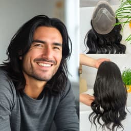Human Hair Toupee for Men Mono Lace with Npu Around Lace Systems 10x8Inch Long Hair 12Inch 1B Mixed 80% Synthetic Grey Hair