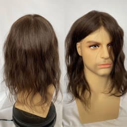 12inch Men Wigs Full Skin Pu Base Long Human Hair Men Toupee Natural Hairline Men Toupee Straight Wavy 8x10 3# Brown Colror