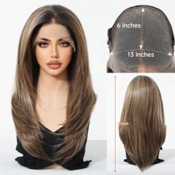 HAIRCUBE Mixed Brown Straight Wigs Dark Roots Natural Hairline 13*6 Transparent Lace Front Synthetic Wig For Women Daily Cosplay