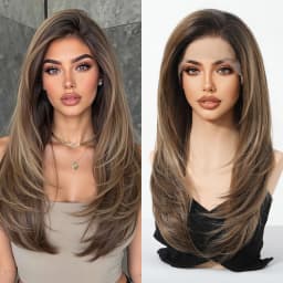 HAIRCUBE Mixed Brown Straight Wigs Dark Roots Natural Hairline 13*6 Transparent Lace Front Synthetic Wig For Women Daily Cosplay
