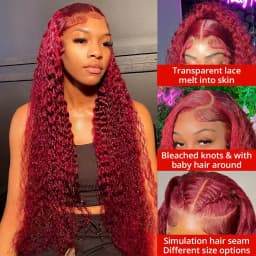 200% 13x4 Curly 99J Burgundy Lace Front Drawstring Glueless Wig Wine Red 30 36Inch Deep Water Wave Lace Frontal Human Hair Wigs