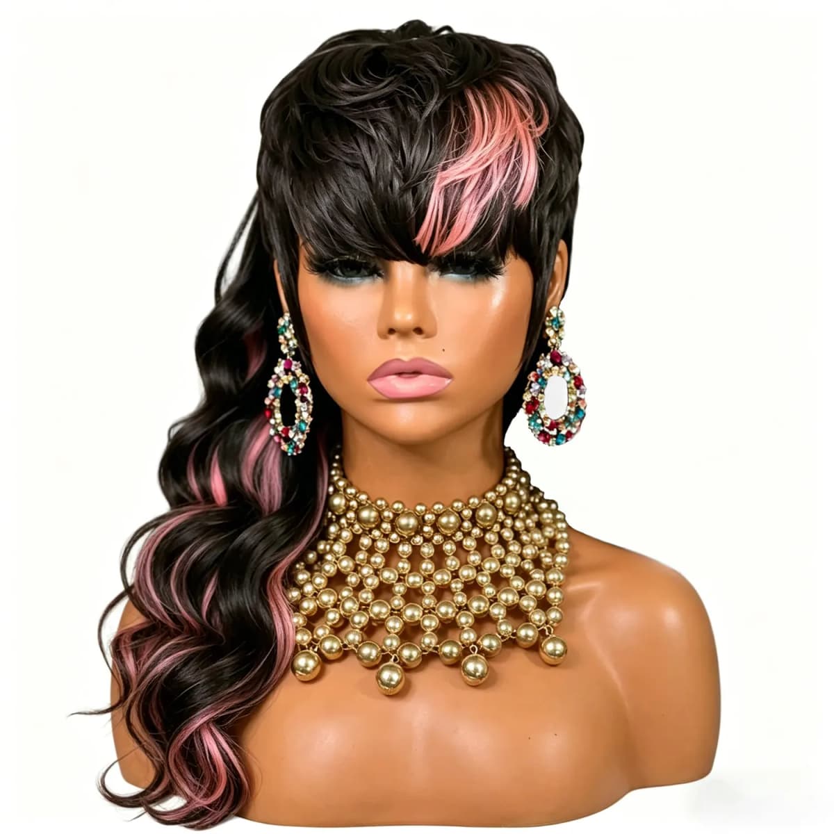 Mullet Wig for Women Human Hair Wig Full Machine Made Wig With Bangs Ombre Pink Highlight Pixie Cut Wig for Women Daily Use