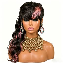 Mullet Wig for Women Human Hair Wig Full Machine Made Wig With Bangs Ombre Pink Highlight Pixie Cut Wig for Women Daily Use