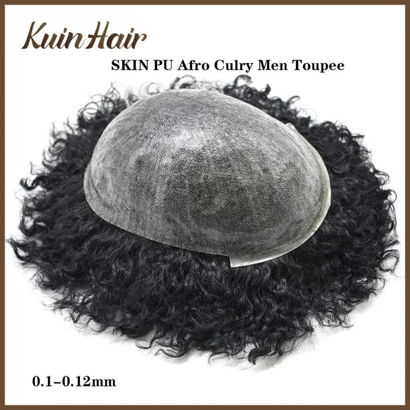 4mm-25m SKIN Injected Full PU Afro Curl Men Toupee Male Capillary Prosthesis Remy Human Hair Systems Men Hair Replacement Units