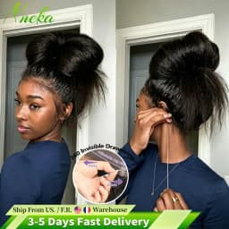 Invisible Strap HD 360 Lace Front Wigs Human Hair Kinky Straight 210% Density 360 Transparent Full Lace Wig Invisible Drawstring Glueless Wig Wear & Go
