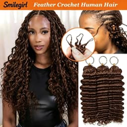 Chocolate Brown Deep Wave Human Hair Extensions Boho Braided Pre-Looped Curly Feather Crochet Hair with Miracle Knots Spiral Curly Hair for Braids