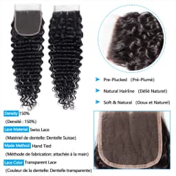 Deep Wave Natural Hair Extensions with Closure Brazilian Unprocessed Remy Human Hair Weave, 4x4 Lace Closure with 3/4 Bundles