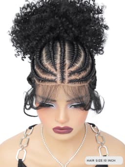 Synthetic Braided Wig with Buns Full Lace Cornrow Braids Wig for Black Women Frontal Braiding Wigs with Ponytail 10 inches