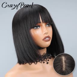 CrazyPearl 1X13 Lace Front Wig Straight Short Bob Wig Human Hair Wigs for Black Women with Bangs Human Hair Natural Color
