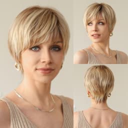 100% Remy Human Hair Ombre Blonde Lace Front Wigs with Bangs Pixie Cut Hairs Short Straight Layered Wigs for Women Bob Human Wig