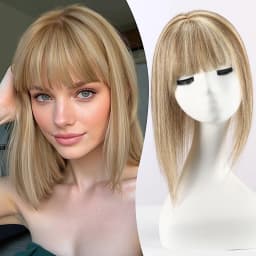 Ombre Brown Blonde Human Hair Toppers with Bangs 5x5.5inch Silk Base 100% Remy Natural Topper Hair for Women with Thinning Hair