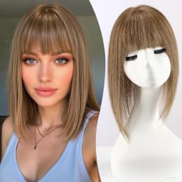 Ombre Brown Blonde Human Hair Toppers with Bangs 5x5.5inch Silk Base 100% Remy Natural Topper Hair for Women with Thinning Hair
