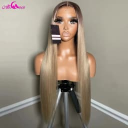 200 Density Ombre Ash Blonde Brown Roots 13x4 Lace Front Straight Wig Transparent Lace Front Human Remy Hair Wigs for Women