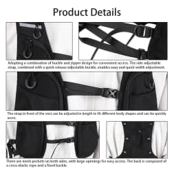 Black jacket vest with multiple pockets, quick release buckle for adjustable waist, outdoor sports reflective tape