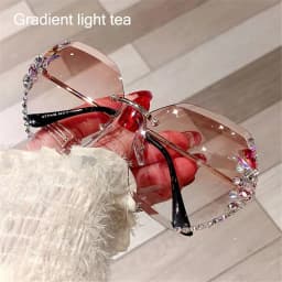 Vintage Cutting Lens UV400 Women Sun Glasses Gradient Rimless Sunglasses Rhinestone Sunglasses