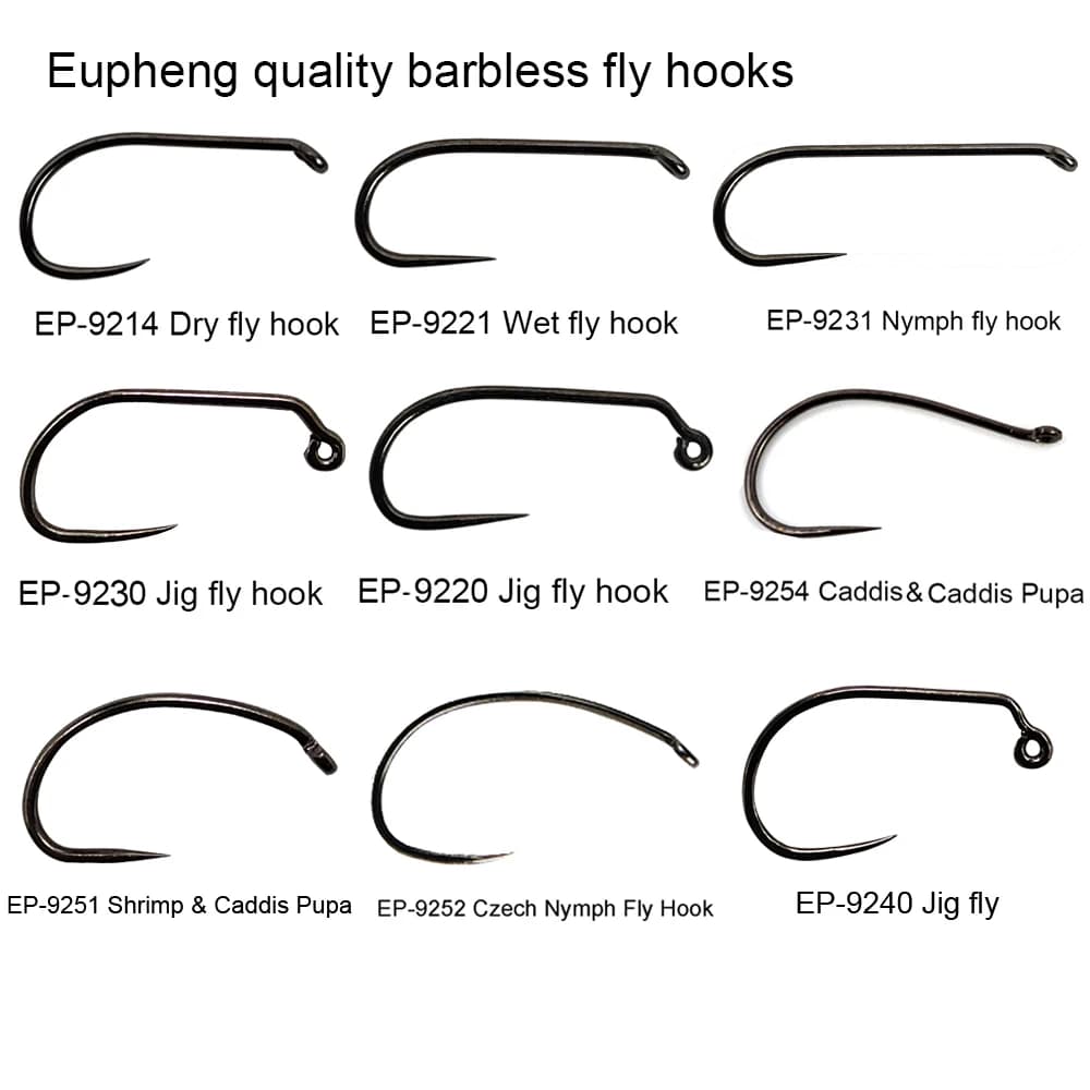 Aventik Eupheng 50pcs Competition Barbless Fly Fishing Hook Tying Materails Dry Nymph Shirmp Wet Caddis Fly Hook Black Nickle