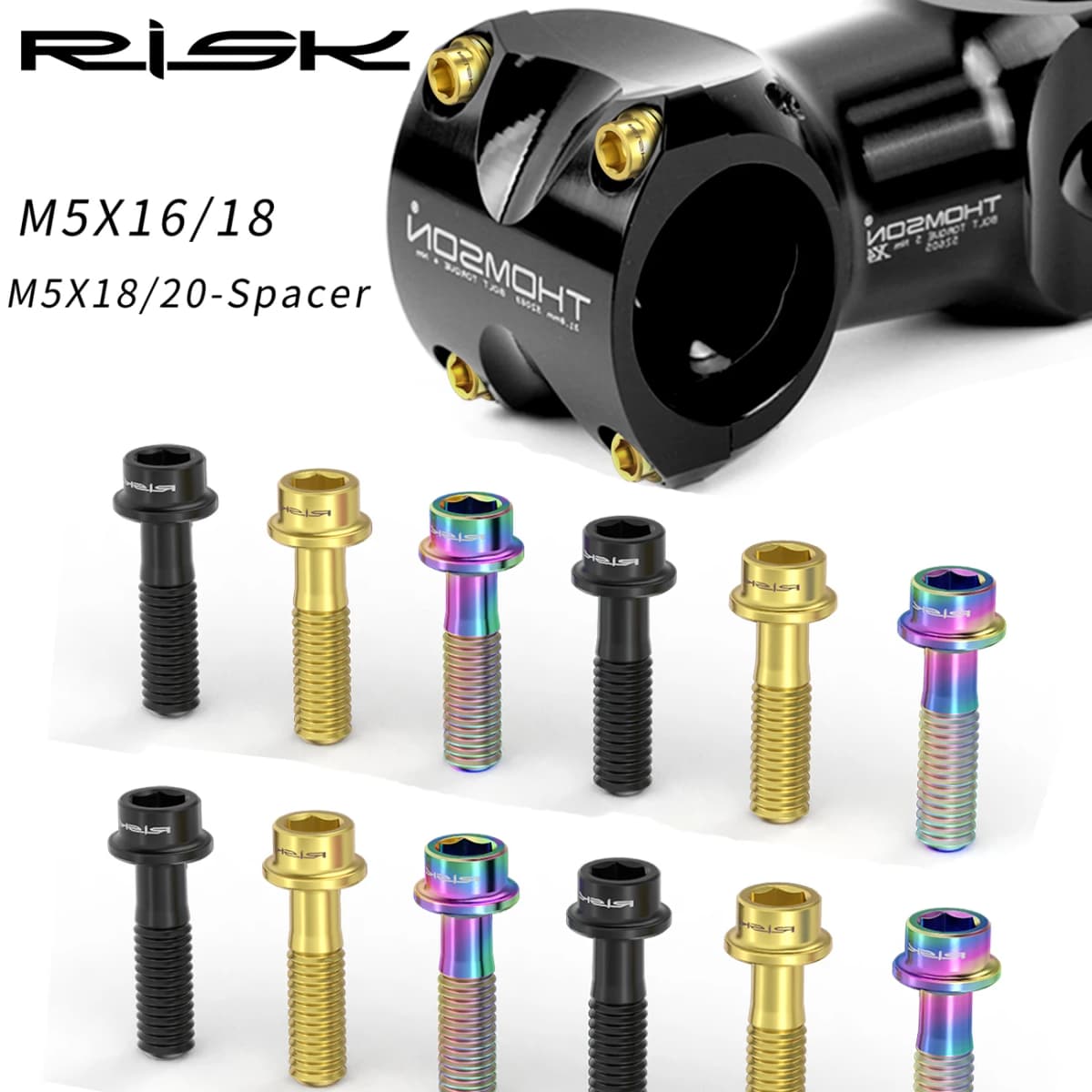 6pcs/bag RISK Bike Stem Bolts Bicycle Handlebar Fixing Screws Titanium Alloy M5x16 M5x18 M5X20 Hex Socket Head