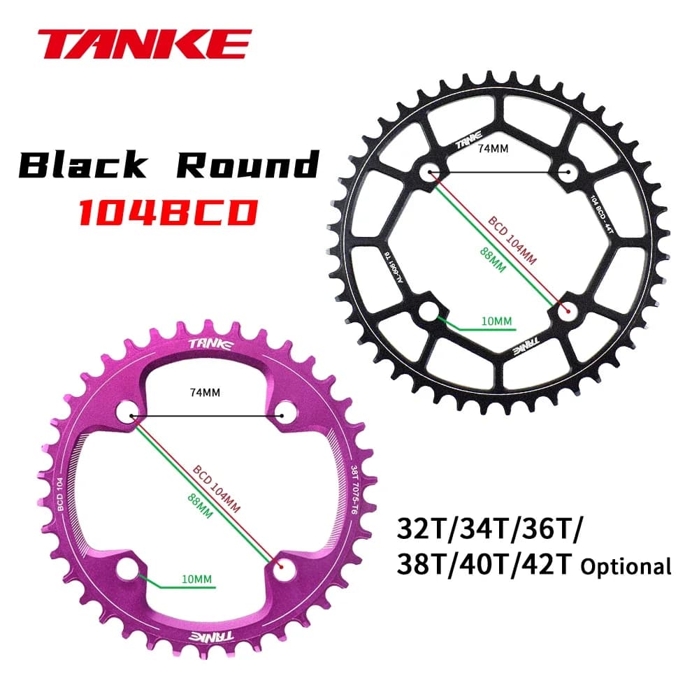 TANKE 104BCD MTB Chainring Round Narrow Wide Ultralight Mountain Bike 32T 34T 36T 38T 40T 42T 44T Crankset Tooth Single Disc