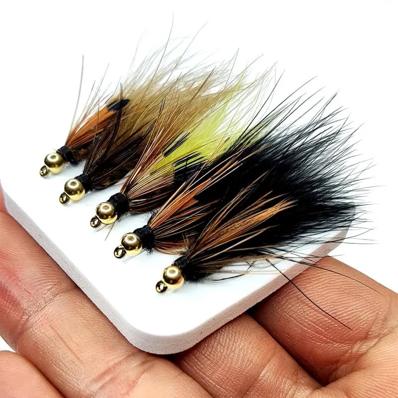 5pcs Woolly Bugger Streamers Fly Fishing Lures Brass Bead Head Black/Olive Brown Tassel - Trout Salmon Trout Perch fly fishing