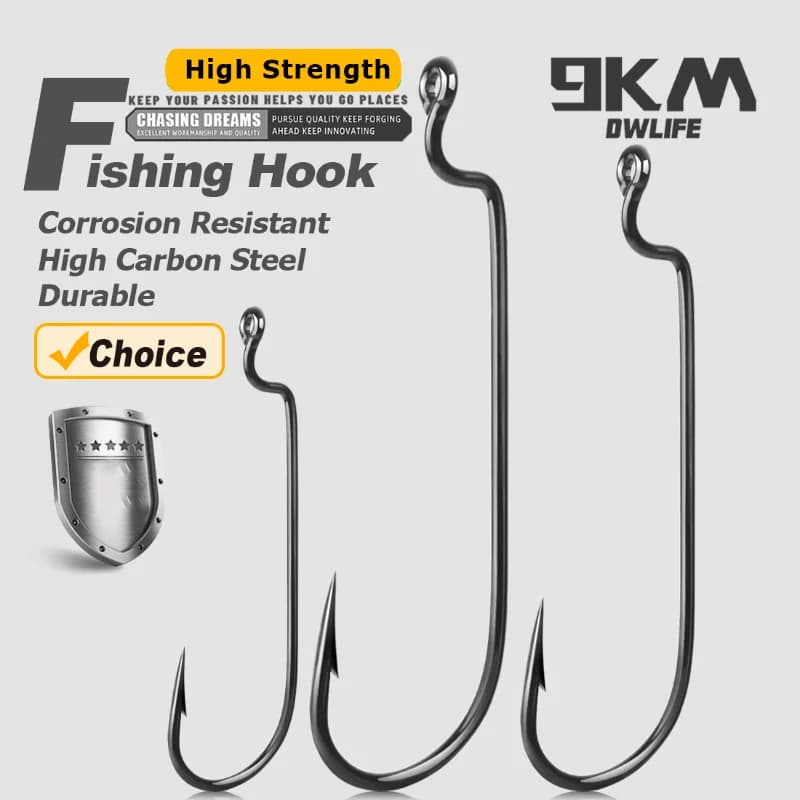 9KM 50Pcs Fishing Worm Hooks Offset EWG Hooks High Carbon Steel for Bass Barbed Shank Saltwater