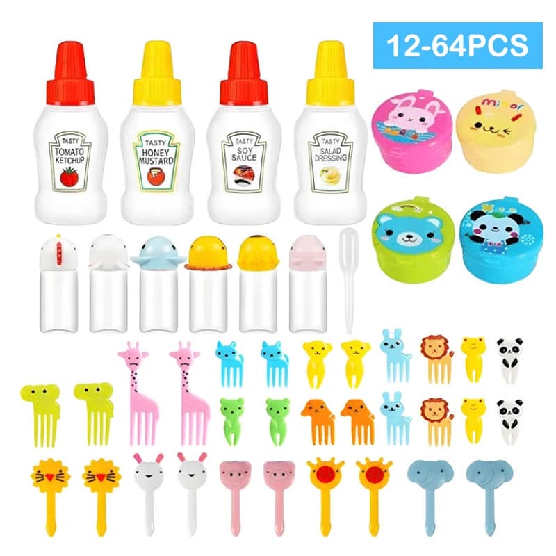 12-46pcs Bento Box Accessory Set Cute Mini Fruit Forks Set Portable Tomato Sauce Dispenser Set Outdoor Tableware
