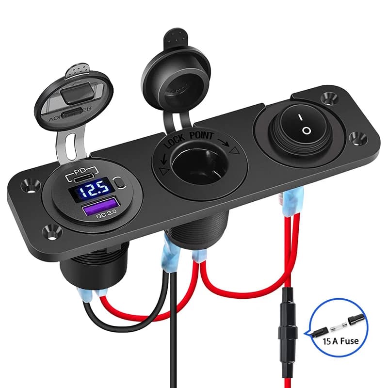 Cigarette Lighter Socket 12V Splitter with Rocker Toggle Switch PD&QC3.0 USB C Outlet with LED Voltmeter Waterproof for Car Boat