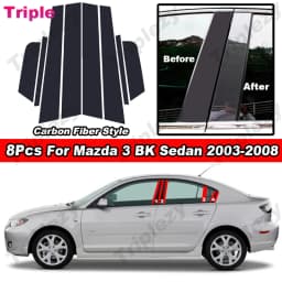 8Pcs Glossy Piano Black/Carbon Fiber/Chrome Car Door Window B C Pillar Post Cover Trim Sticker For Mazda 3 BK Sedan 2003-2008