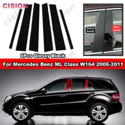 6x Glossy Black Car Door Center BC Pillar Post Cover Mirror Effect Trim For Mercedes Benz ML Class W164 Window Column PC Sticker