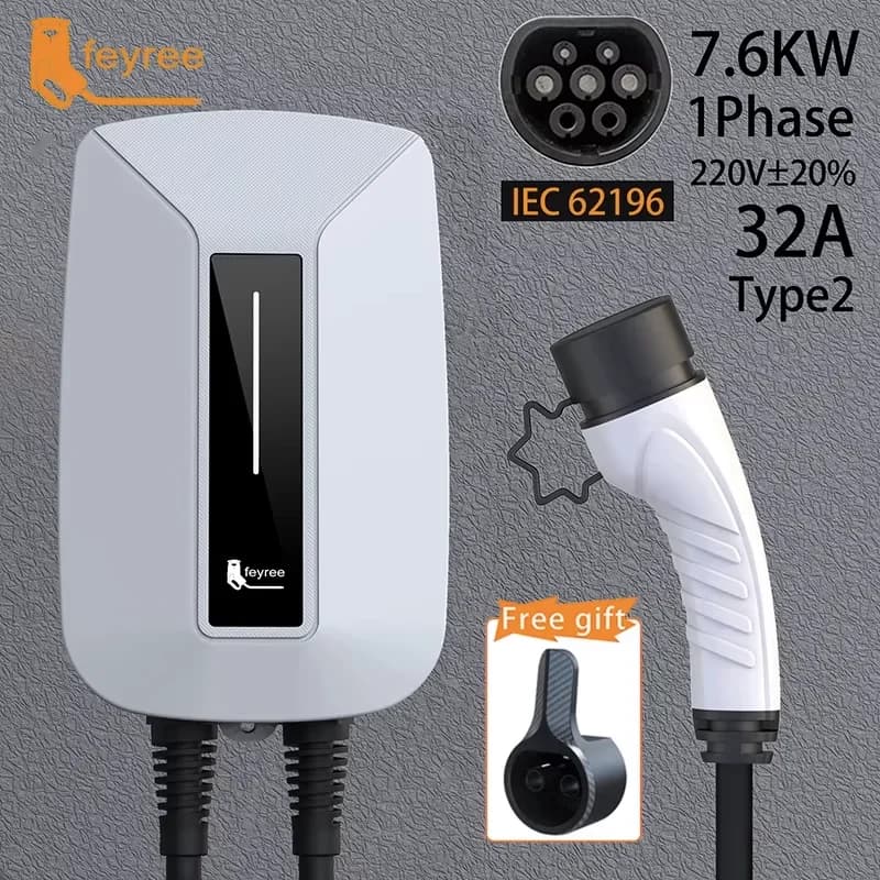 Feyree EV Charger Type2 Plug EVSE Wallbox 32A 7KW IEC62196-2 Socket 1 Phase 5m Cable Wallmount Charging Station for Electric Car