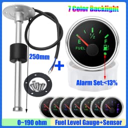 Waterproof 52mm Fuel Level Gauge with Flash Alarm+Oil Float Sensor 0-190 OHM Fuel Tank Meter 7Color LED for Car Yacht 12V Custom