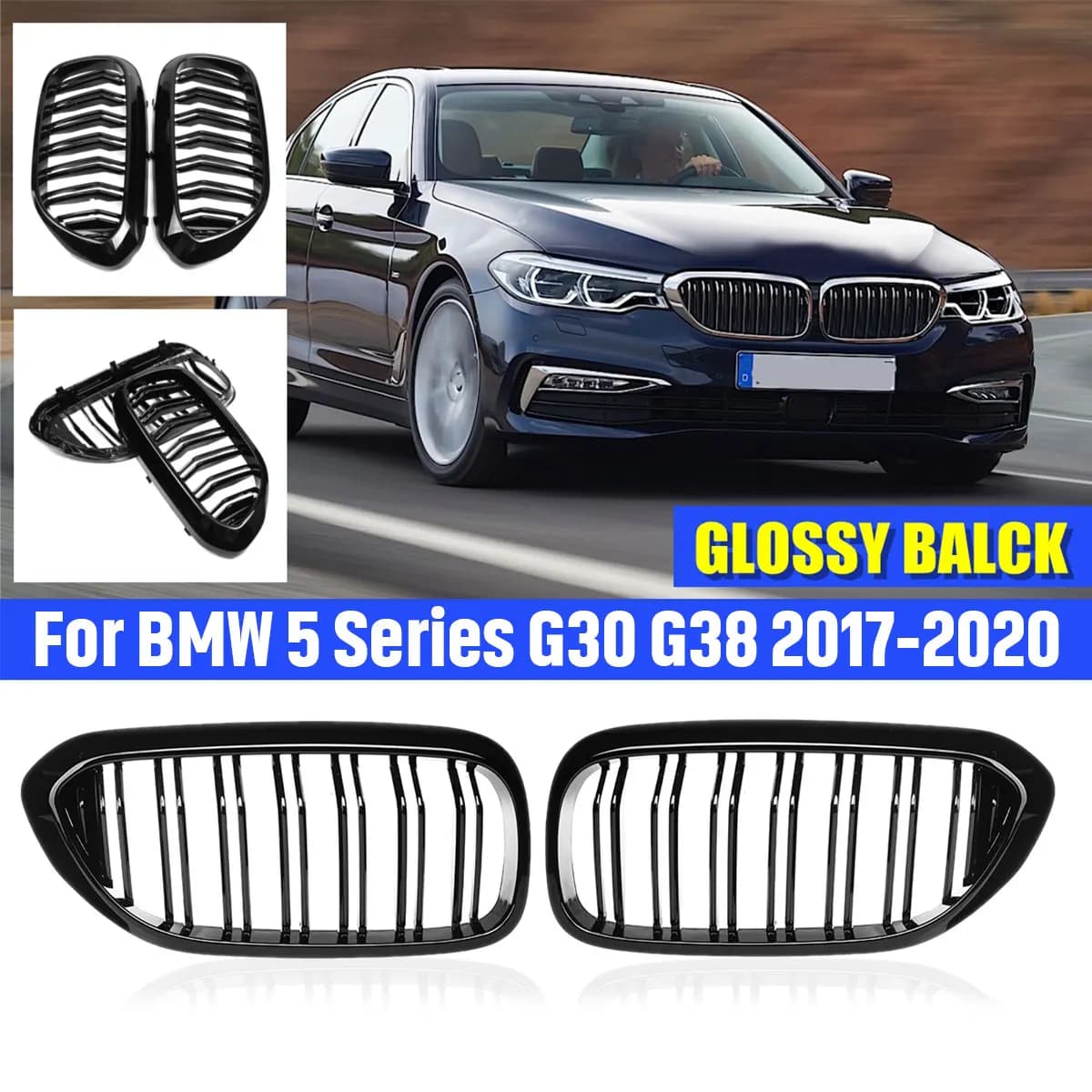 Glossy Black Car Front Kidney Grille Grill For BMW 5 Series M5 G30 G31 G38 520i 530i 540i 2017-2020 2-Slat Front Bumper Grill
