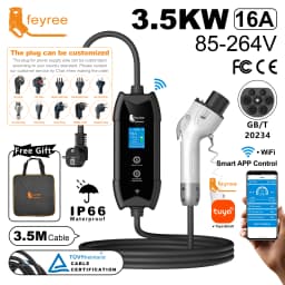 Feyree GB/T Portable EV Charger 3.5m Cable with WIFI APP Control 16A 3.5kW Set Charging & Delay Time for EV Cars, Plug Customiza