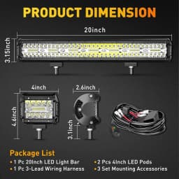 NAOEVO 20 Inch LED Light Bar 4Inch LED Lights 100W 24000LM Waterproof LED Off Road Driving Fog Lights Spot Flood Combo Light Bar
