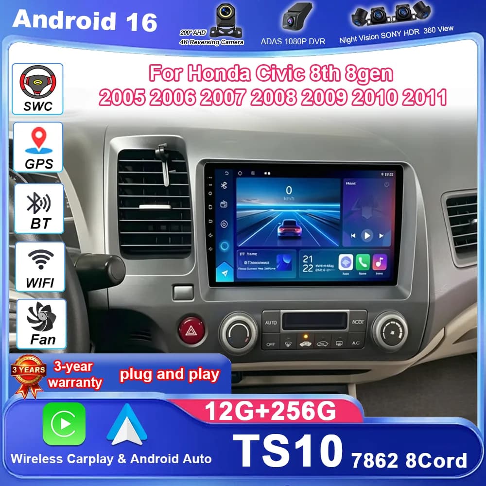 Android 16 For Honda Civic 8th 8gen 2005 2006 2007 2008 2009 2010 2011 Auto Radio Stereo GPS Navigation Multimidia Player Screen