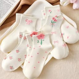 5 Pairs Girls Socks Cute Small Floral Pattern Bow Flower Comfortable Breathable Kids Socks