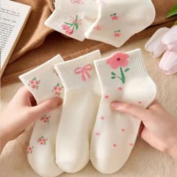 5 Pairs Girls Socks Cute Small Floral Pattern Bow Flower Comfortable Breathable Kids Socks