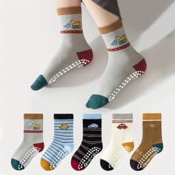 5-Pack Children's Floor Socks with Cartoon Stripes and Car Patterns, Non-Slip Soft Sole Indoor Socks for Boys and Girls, Baby Toddler Socks, Japanese Style Versatile Mid-Tube Socks, Suitable for Casual Daily Life