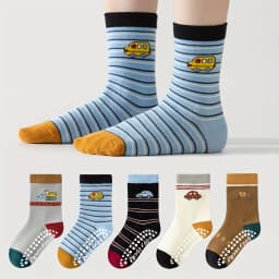 5-Pack Children's Floor Socks with Cartoon Stripes and Car Patterns, Non-Slip Soft Sole Indoor Socks for Boys and Girls, Baby Toddler Socks, Japanese Style Versatile Mid-Tube Socks, Suitable for Casual Daily Life