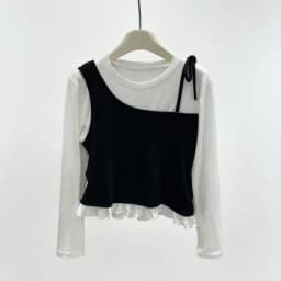 Girls' Spliced Color Blocking Long Sleeved 2025 Autumn Outfit New Fake Two-piece Layered Korean Style Little Girl Base T-shirt