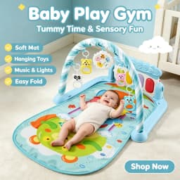 Baby Play Gym 3 in 1 Tummy Time with Hanging Toys Music and Lights Foldable Soft Sensory Playmat for Newborn Infants 0‑12 Months