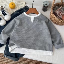 Kids Boys Waffle Grid Long Sleeved V-neck T-shirt Spring Autumn 2026 Pullover Cotton Hoodie Kids Handsome Fake Two Items Tops