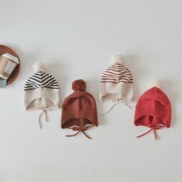 Fashion Striped Children Ear Protection Hat Solid Color Woolen Knit Hat 2-6Year Kids Winter Warm Pullover Cap Plush Ball Beanies