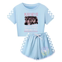 Girls T Shirt Katseye Beautiful Chaos T-shirt And Shorts Clothes Set Outfit Tee Gift for Kids Graphic Short Sleeve Shirt Summer