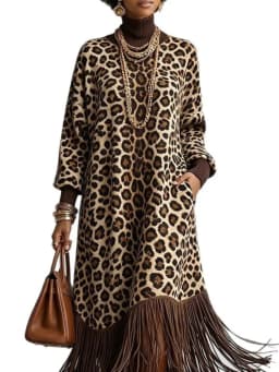 SHENGPALAE Women Dress Maxi Long Sleeve Leopard Print Tassel Hem High Neck Loose Vintage Bohemian Pocket Detail Autumn 2026 New
