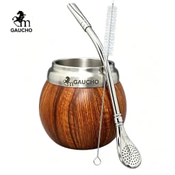 Gaucho Yerba Mate Set Stainless Steel Double Wall Calabash Cup with Removable Filter Bombilla Cleaning Brush