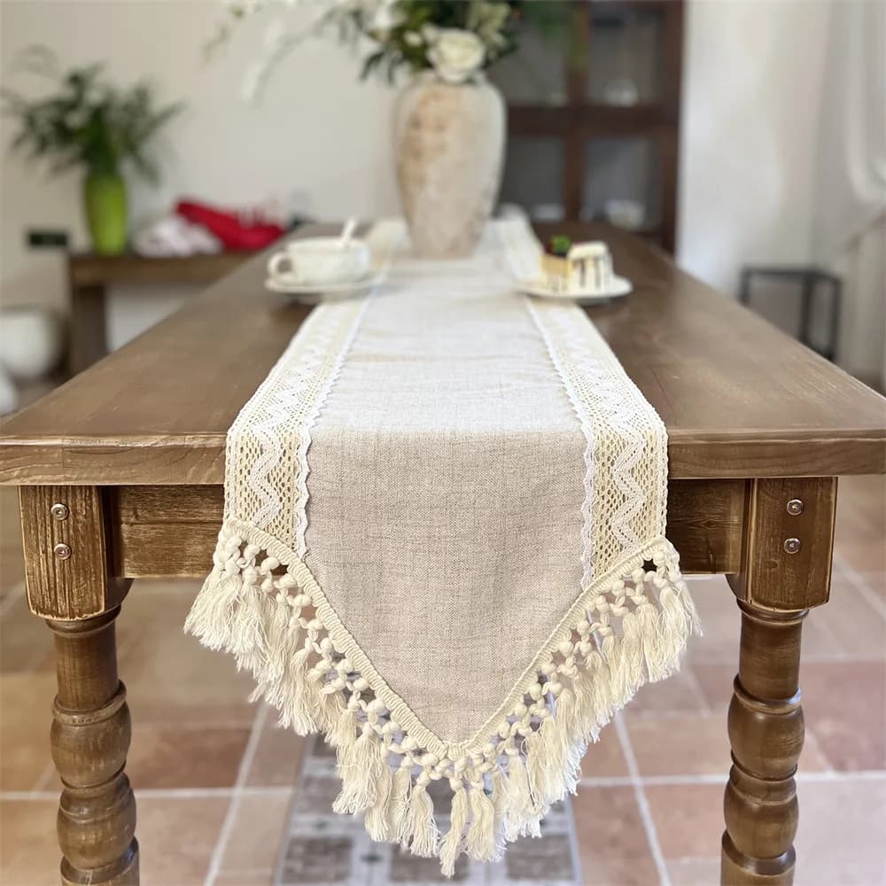 Versatile Table Runner Crochet Macrame Lace Tassels Beige Farmhouse Table Cloth for Dining Room Wedding Handmade Table Decor