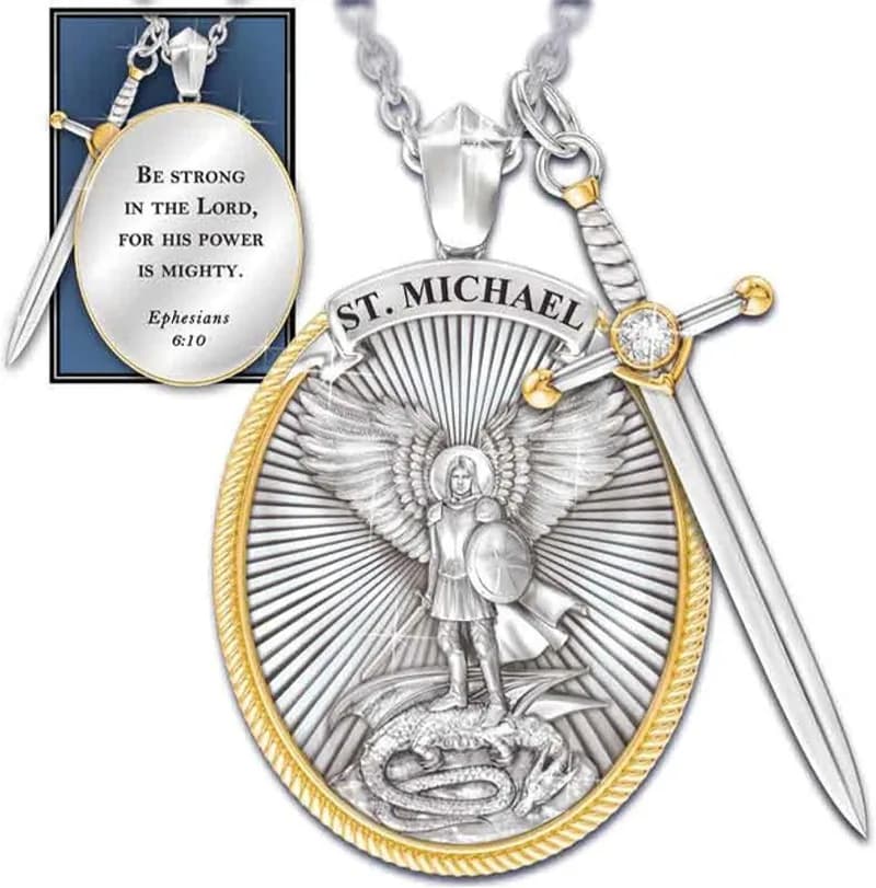 Viking St. Michael Catholic Patron Steel Pendant Necklace Jewelry Divine Sword Senhield Protection Gift for Men and Women